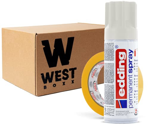W West Boxx Premium Acryllack Spray 200 ml in Cremeweiß Matt im Set mit Kreppband Gold 25mm x 50m Typ 521, für exakte Farbkanten