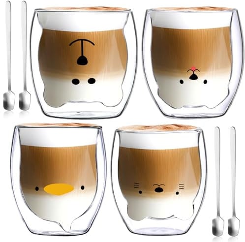 NCKIHRKK Mignon Tasses Double Paroi, 4x250 ml Verre Cafe Aesthetic Cute, Tasse a Thé Latte Cappuccino, Tasses à Expresso, Cadeau pour Noël, Anniversaire, Saint Valentin, Bureau