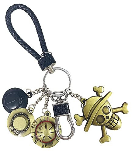 Anime Schlüsselbund Anhänger Set Perfekte Cosplay Zubehör & Geschenke für Anime Fans – Enthält Luffy Straw Hut– Hochwertiger Cartoon Schlüsselbund Ideal für Herren und Kinder Schlüsselring & mehr