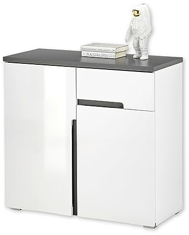 Stella Trading Boston Weiß, Anthrazit-Moderne Kommode mit Schublade und viel Stauraum für Wohnzimmer, Esszimmer und Flur, Holzwerkstoff, 88 x 83 x 38 cm