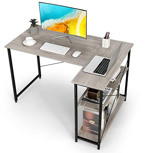 COSTWAY Scrivania Angolare 120 CM, Scrivania per Computer ad Angolo con 2 Ripiani, Scrivania Ufficio Reversibile Moderna con Design Salvaspazio, 120 x 88 x 74,5 cm (Grigio)