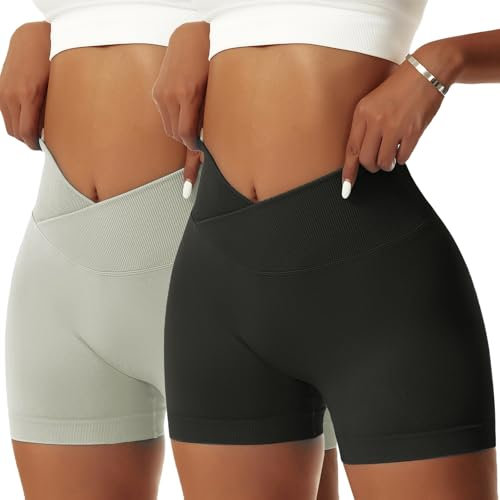 Vertvie Damen Gym Shorts V Cross Stretch Push Up Yoga Shorts Booty Scrunch Fitness Hosen Kurz High Waist Nahtlos Workout Sportshorts Butt Lift Kurze Leggings Sommer (Schwarz/Grau Grün, S)