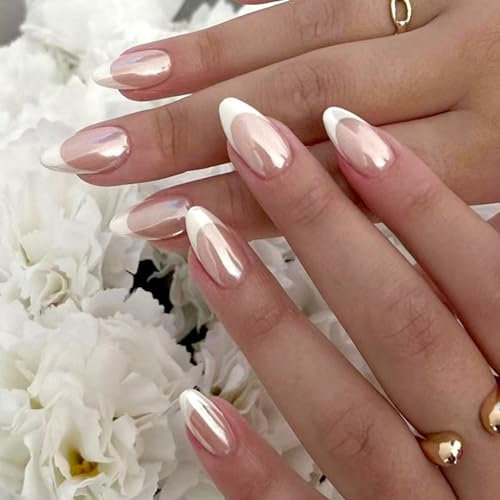 24 Pièces Faux Ongles Français Court Amande Ballerine Couverture Complète Acrylique Capsules Ongles Ovale Naturel Ongles à Coller pour Femmes et Filles 12 Tailles (Blanc Brillant)