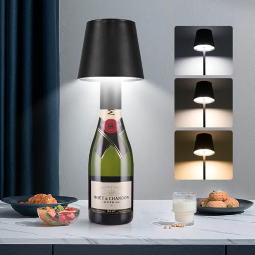 CANMEIJIA LED Flaschenlicht Dimmbare 3000K/4000K/6500K Touch Tischleuchte mit 5200 mAh Akku, Kabellose Flaschenlampe IP54 Tragbare Tischlampe für Innen/Außen, Familie, Restaurant, Bar, Schwarz