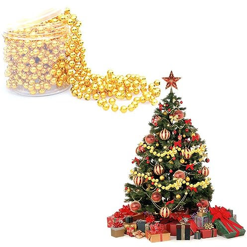 8 Meter/Rolle Perlenrolle, Perlenband Weihnachtsbaum Perlenkette Perlengirlande, Kunststoff Perlenschnur Weihnachtskette für Christbaumschmuck Perlenkette Hochzeit DIY Dekorationszubehör, Gold