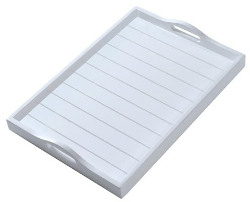 Large Wooden Serving Tray with Handles 20 x 14 inch Decorative Coffee Table Ottoman Tray for Living Room Extra Large for Kitchen Dinner Food Bar Breakfast in Bed (Color White)