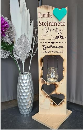 Designbysh Holzaufsteller 2 Herzen geflammt, Holz Deko Schild Holzschild Eingangsschild mit Leuchtglas oder Solarlampe, Liebe macht aus diesem Haus ein Zuhause