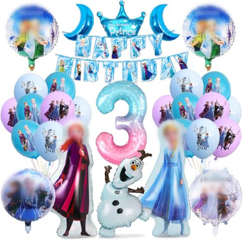Frozen Geburtstagsdeko 3 Jahre, Geburtstag Luftballons Mädchen, Prinzessin Luftballons Geburtstag 3 Jahre, Folienballons Blau Geburtstagsdeko für Geburtstag Mädchen Party Dekoration Zubehör