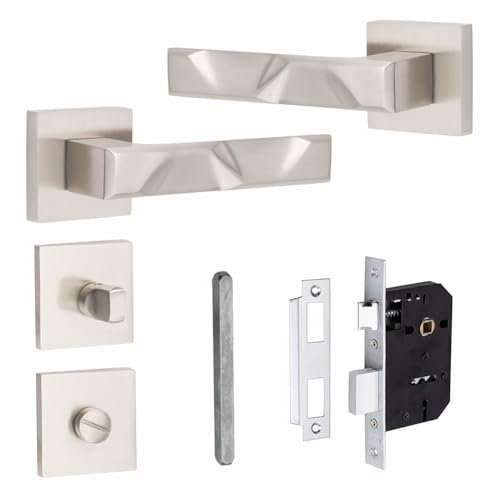 Golden Grace 1 Pair Modern Nova Design Satin Nickel Premium Bathroom Door Handles Square Rose