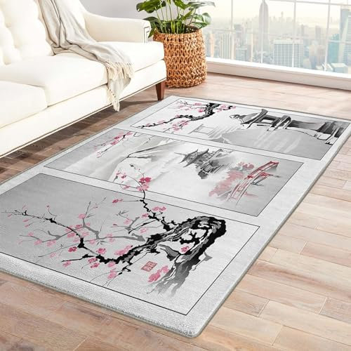 Sxakswol Teppich Wohnzimmer 80x150 cm Japanische Kirschblüten 3D Teppich Grauer Asiatischer Stil Küche Esszimmer Schlafzimmer Teppich Kurzflor rutschfest Waschbar Teppiche Weich Pflegeleicht Y4281