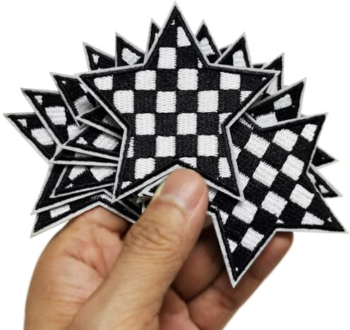 FSFYXHC Set 12pcs Black and White Racing Day Race Day Race Car Checkered Flag Star Iron On Embroidered Patches Appliques Machine Embroidery Jacket Denim Jeans Shirt Trucker Hat Cap Patch 2.75“x2.75