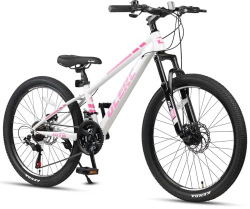 Glerc Skyline Kids Mountain Bike für Jungen/Mädchen, 24 Zoll Kinderfahrrad für 10 11 12 13 14 15 16 17 18 Jahre Jugendliche, 21-Gang Fahrrad mit Vorderradfederung & Scheibenbremsen & stabilem,Rosa