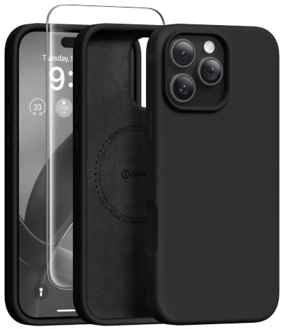 GONEZ Magnetic für iPhone 16 Pro Case, Kompatibel mit MagSafe, [Bildschirmschutz und Kamera Objektivschutz], Silikon Stoßfeste Anti-Kratzer Schutzhülle 6.3 Zoll, Schwarz