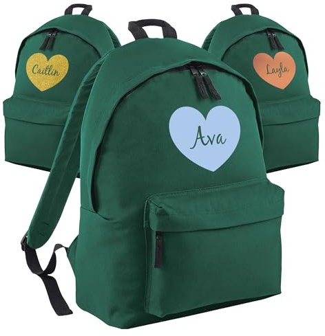 Print Maniacs Personalised Backpack School Large 18L Kids Travel Rucksack Junior Shoulder Collage Rucksack Back To School Kids Girls Boys P.E Laptop Book Bag Heart (Bottle Green)