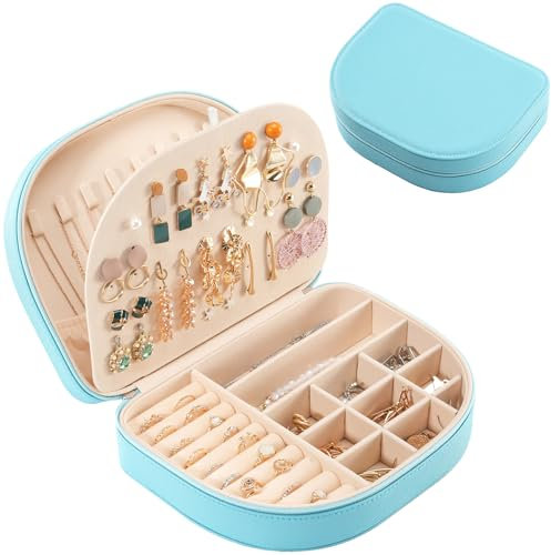ProCase Reise Schmuckkästchen, Große Schmuckschatulle für Damen PU-Leder Aufbewahrungsbox Schmucketui Schmuckbox Schmuckaufbewahrung für Ringe Ohrringe Halsketten Geschenk- Blau