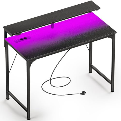 Rolanstar Schreibtisch mit LED, Steckdosen, Computertisch mit Monitorablage, Eckschreibtisch für Schlafzimmer Arbeitszimmer Büro, perfekt für Studenten Kinder Erwachsene, Schwarz, 100 cm