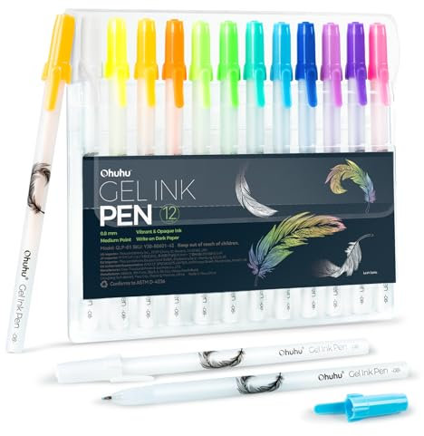 Ohuhu Farbige Gel Tintenstifte, 12er Pack Extra fein Opake Gel-Tintenstifte Glatte weiße Tinte Stifte für Highlight Schwarzes Papier Kunst Zeichnung Skizzieren Scrapbook Illustration - Leahi