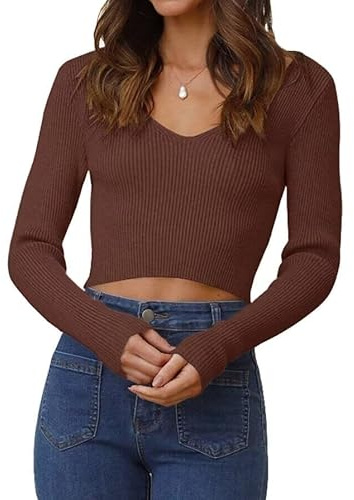 Ezbelle Women's V Neck Sweater Long Sleeve Crop Tops Sexy Ribbed Knit Pullover Shirt Trendy Blouse 2024 Fall, Brown, M
