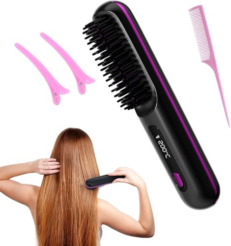 Spazzola lisciante per capelli senza fili, pettine portatile per capelli a riscaldamento rapido, piastra per capelli da viaggio ricaricabile di tipo C, con 3 impostazioni di temperatura e display a