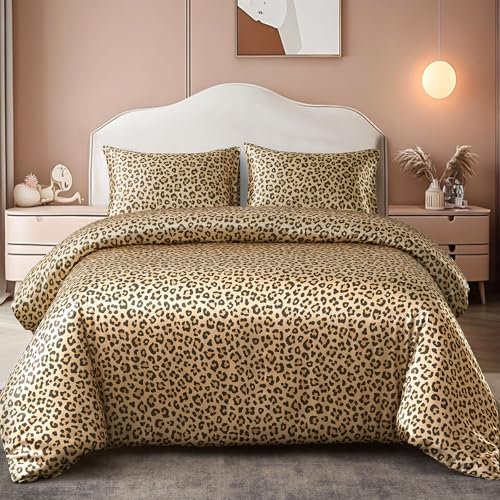 DuShow Satin-Bettbezug und 2 Kissenbezüge, 3-teiliges Satin-Bettwäsche-Set, weich, seidig, kühlendes Bettbezug-Set, Satin-Bettwäsche, Kingsize-goldener Leopard