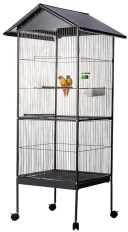 Aqpet Voliera con Tetto per Uccelli Grandi e Canarini, Gabbia in Metallo con Piedistallo e Ruote, Adatta per Interno ed Esterno, Dimensioni 157x52x52 cm, Nero