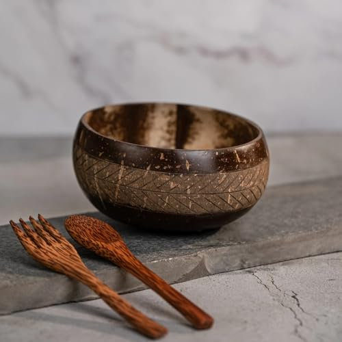 JMS we create smile - Artisan Coconut Bowl with Spoons & Fork Set - 900ml | 100% Natural Handcrafted Coconut Geometric Design Salad & Smoothies Bowl