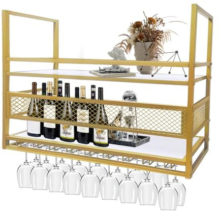 RAJYQODIS Deckenregal Weinregal, Hängendes Weinglasregal aus Metall, 2-stufiges Bar-Display Weinlagerhalter, für Bar Restaurant Cafe Küche (Gold, 160cm)