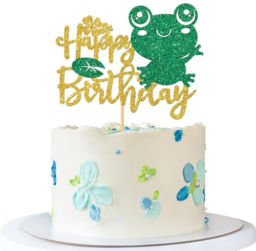 Décoration de gâteau d'anniversaire en forme de grenouille de la forêt tropicale - Décorations de fête d'anniversaire pour enfant - Paillettes dorées