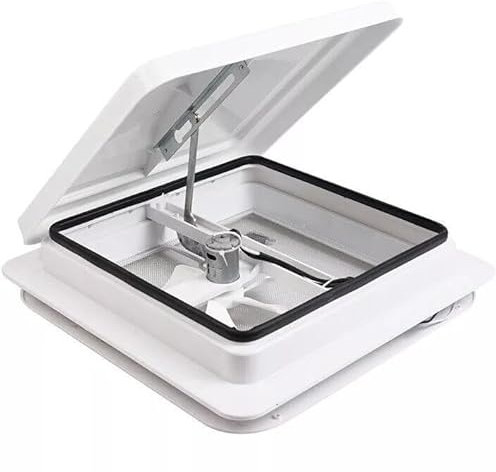 Shield Autocare 420mm x 420mm Campervan Skylight Roof Vent with Built In 12v Fan & Integrated Fly Net Blind for Camper Van Conversion RV Motorhome Caravan Horsebox (White)