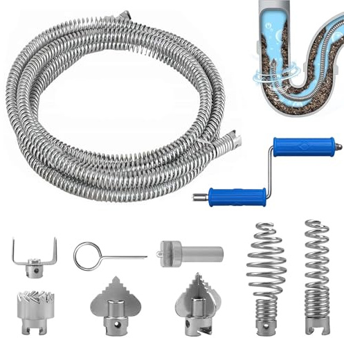 Spirale de nettoyage de canalisation, 5 m, diamètre de la spirale de 12 mm, avec 6 têtes de coupe et 1 adaptateur manuel, déboucheur de canalisation pour toilettes, débouchage, baignoire