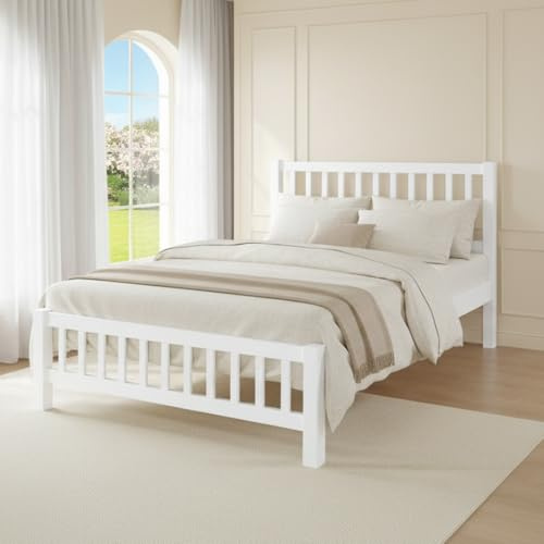 Reinforced Beds BANHAM BED – Heavy Duty Rubberwood, Solid Wooden Bed Frame, Shaker Style Design, 29mm Thick Slats (White, King (U.K. Standard))