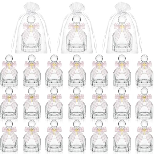 Kaxtde 24 Sets Baptism Holy Water Bottles Bulk, 50 ml Glass Holy Water Bottle with Organza Bags, Bows & Gold Cross, Empty Christian Bottle Gifts for First Holy Communion Easter Church Favours