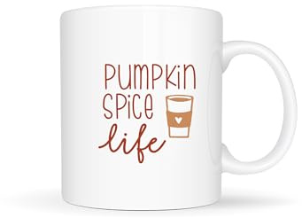Temas Store Pumpkin Spice Life Mug – Funny Ceramic Coffee Cup for Fall & Halloween – Available in 11oz & 15oz – Pumpkin Latte Design Gift for Him, Her, Friends, or Coworkers (White)