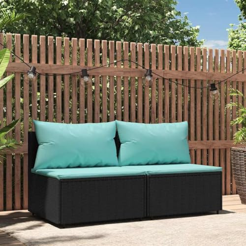 QJBSAVVA Gartensofa Set 2er Schwarz Poly Rattan mit wasserblauen Kissen 63 x 63 cm modulare Outdoor Couch wetterfestes Gartenmöbel platzsparend für Balkon Terrasse und kleine Gärten