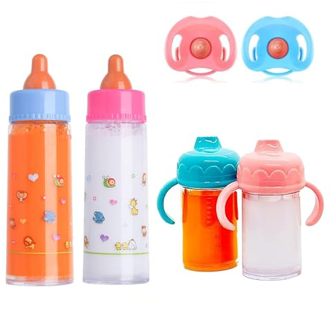JINJUMEI Magische Flasche, 4 Stück Puppenflasche Mit Milch und 2 Stück Puppenschnuller, Magische Flasche mit verschwundenem Milch oder Saft für Babypuppen, Spielpuppen