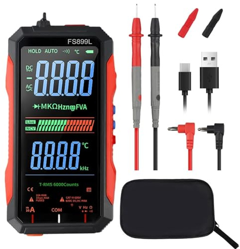 FS899S Digital Multimeter Tester, USB Rechargeable Smart Auto Ranging Multimeter, Measure AC/DC Current/Voltage, Capacity, Continuity, Resistance, Frequency, Non-Contact Voltage (NCV)(FS899S+Bag)