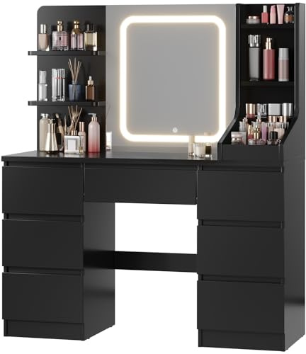 JUMMICO Große Schminktisch mit Verstellbaren LED-Beleuchtung Schminktisch mit Spiegel 64cm*54cm Einstellbare Helligkeit 7 Schubladen, 4 Offenen Ablagen Moderner Stil 110x40x139cm Klavierschwarz