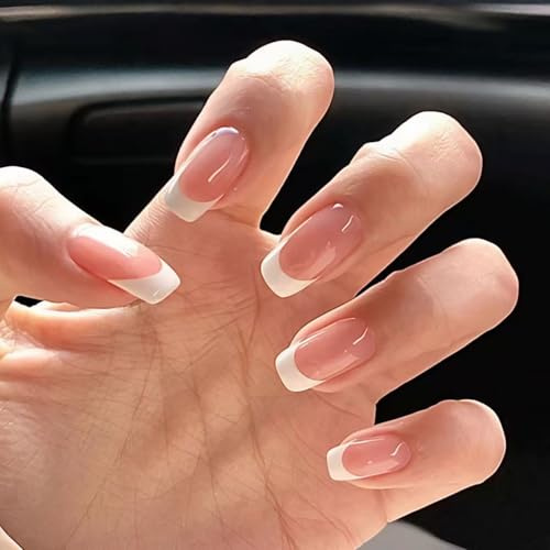 24PCS White French Tip Press on Nails Short Square Fake Nails Pink Reusable Nude Acrylic Glue on Nails White Full Cover French Designs False Nail for Women Nail Art