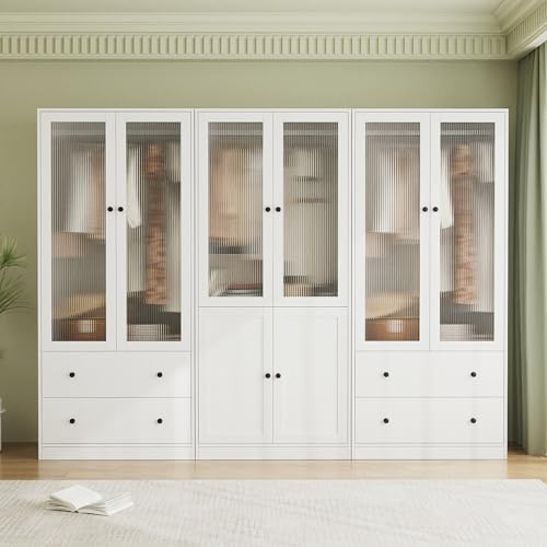 VOWNER Modulare Kleiderschrank mit Riffelglas, Weiß (BAB) | Kleiderschrank 80 cm Breit mit Kleiderstange & Regale & Schubladen, 4-türiger Holz Kleiderschrank für Schlafzimmer