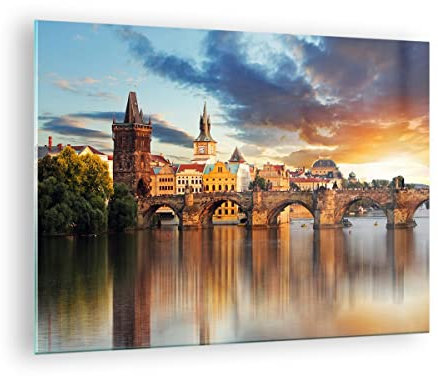 Bilder auf Glas Prag brücke geschichte fluss Glasbild 70x50cm Wandbilder Dekoration Wohnzimmer Schlafzimmer Küche Deko Klein Wanddeko Bild im Glas Wand Kunstdruck Art Modern Wall Decor GAA70x50-2819