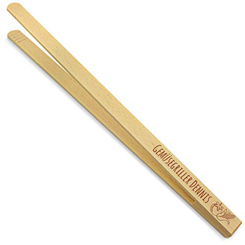 printplanet® - Holz Grillzange mit Gemüsegriller Dennis - graviert - Gravierte Holzgrillzange mit Namen - 40 cm Länge