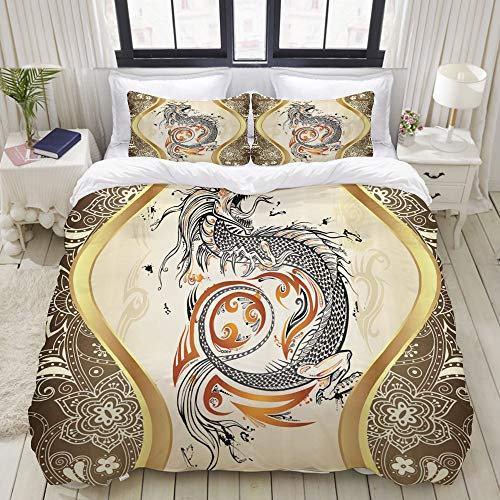 LASINSU Icône de Tatouage de Dessin de griffonnage de Dragon Asiatique Flammes Tribal Grunge Illustration Art,Parure de Lit Pou Housse de Couette (220x240) et 2 Taies d'oreiller pour Lit
