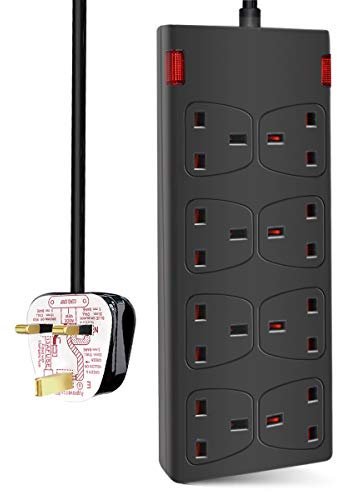 ExtraStar 8 Way Extension Lead 13A Fused Power Strips UK Plug with Indicator Light (2M, White)