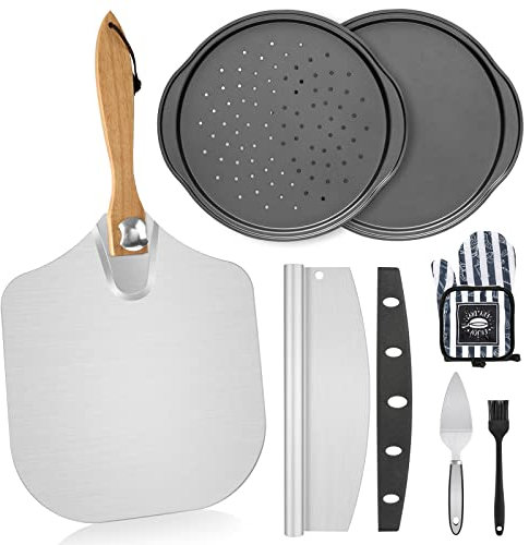 Set di teglie per pizza pieghevoli, 7 pezzi, 30,5 x 35,6 cm, in alluminio con manico in legno, taglierina a dondolo, set di server, guanti da forno da forno, spazzole per olio, accessori per forno per