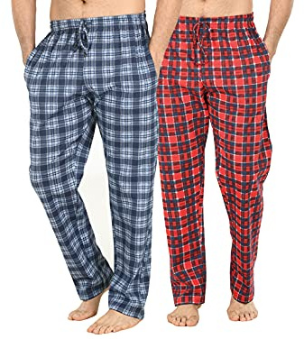 Men's Long Lounge Wear Pants Nightwear (Two Pack) Pyjama Bottoms Sleepwear (Red/Navy Check, Large)