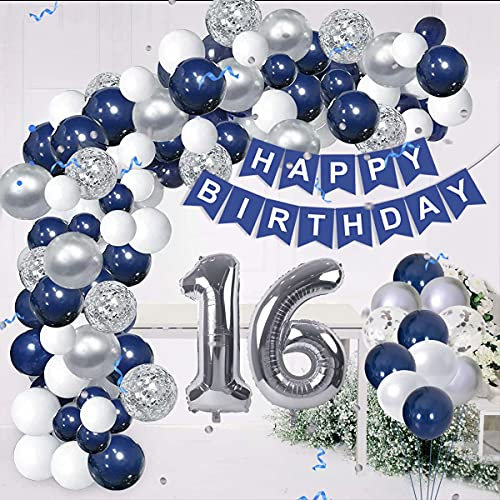 16. Geburtstag Junge,Luftballon Deko 16 Geburtstag Junge,Geburtstagsdeko 16 Junge,Silber Blau Luftballons Junge Deko zum 16 Geburtstag,Tischdecke Happy Birthday Girlande Torten Deko