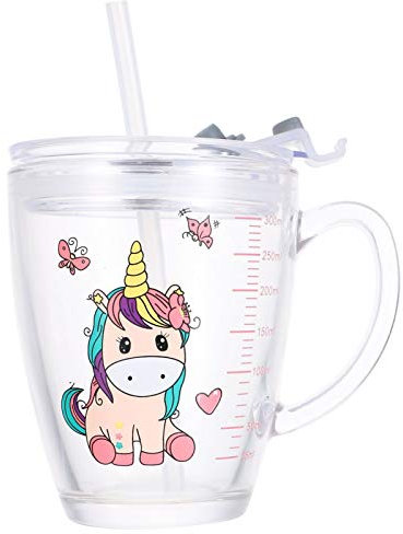 Luxshiny Kids Milk Tumbler, Glass Water Cup, Milk Tumbler with Straw 300ml Assorted Color Drinking Cup for Juice, Smoothie, Microwave Safe, Random Style