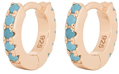 Small Hoop Earrings Women 925 Sterling Silver with Turquoise Stones, Gold, Rose Gold - Diameter: 11 mm (Rose Gold)