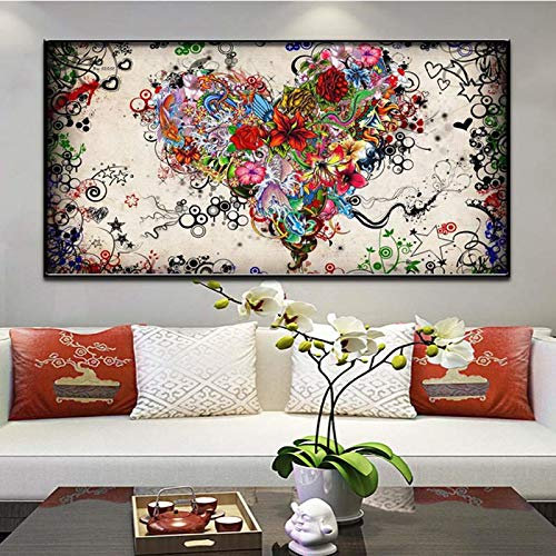 Bilder Blumen – Großes einteiliges Leinwandbild, abstraktes Öl auf Leinwand, Gemälde, buntes Herz, Heimdekoration, 65 x 130 cm (26 x 52 Zoll) mit Rahmen