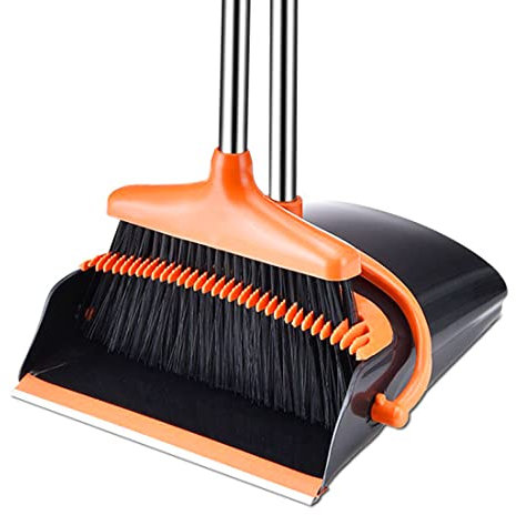Broom and Dustpan Set for Home, Long Handle Dust Pan and Broom Combo for Indoor Outdoor Heavy Duty Dustpan Set for Kitchen Lobby Office Upright Standing Dustpan with Teeth (Orange)